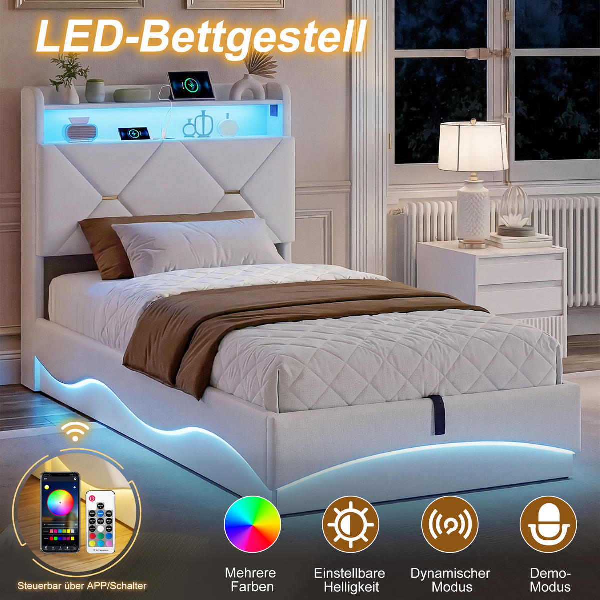 POLSTERBETT 90 x 200, Einzelbett mit Bettkasten und Lattenrost, LED, USB, Samt, beige - Beige, Holzwerkstoff/Textil (90/200cm) - GENKI LIVING