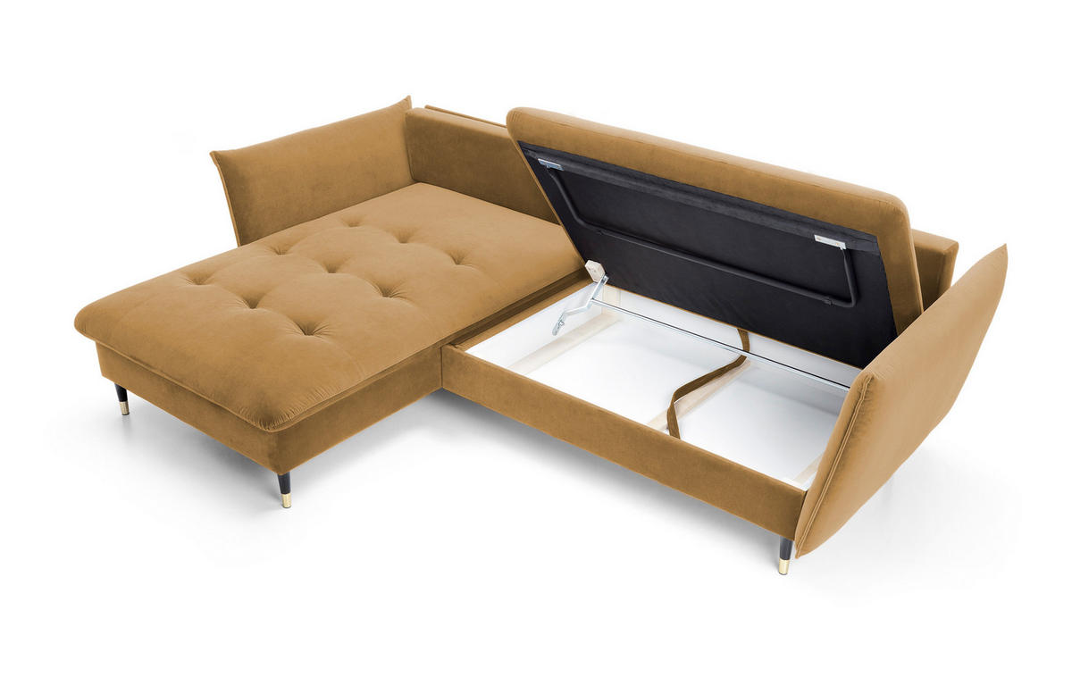 ECKSOFA GLAM mit Schlaffunktion, Ottomane & goldenen Füßen – Samtsofa im Glamour-Stil mit Zierkissen, 258x167x91cm, Linke, PLATINUM - Platinfarben, Holz/Textil (167/258cm) - DomoHome