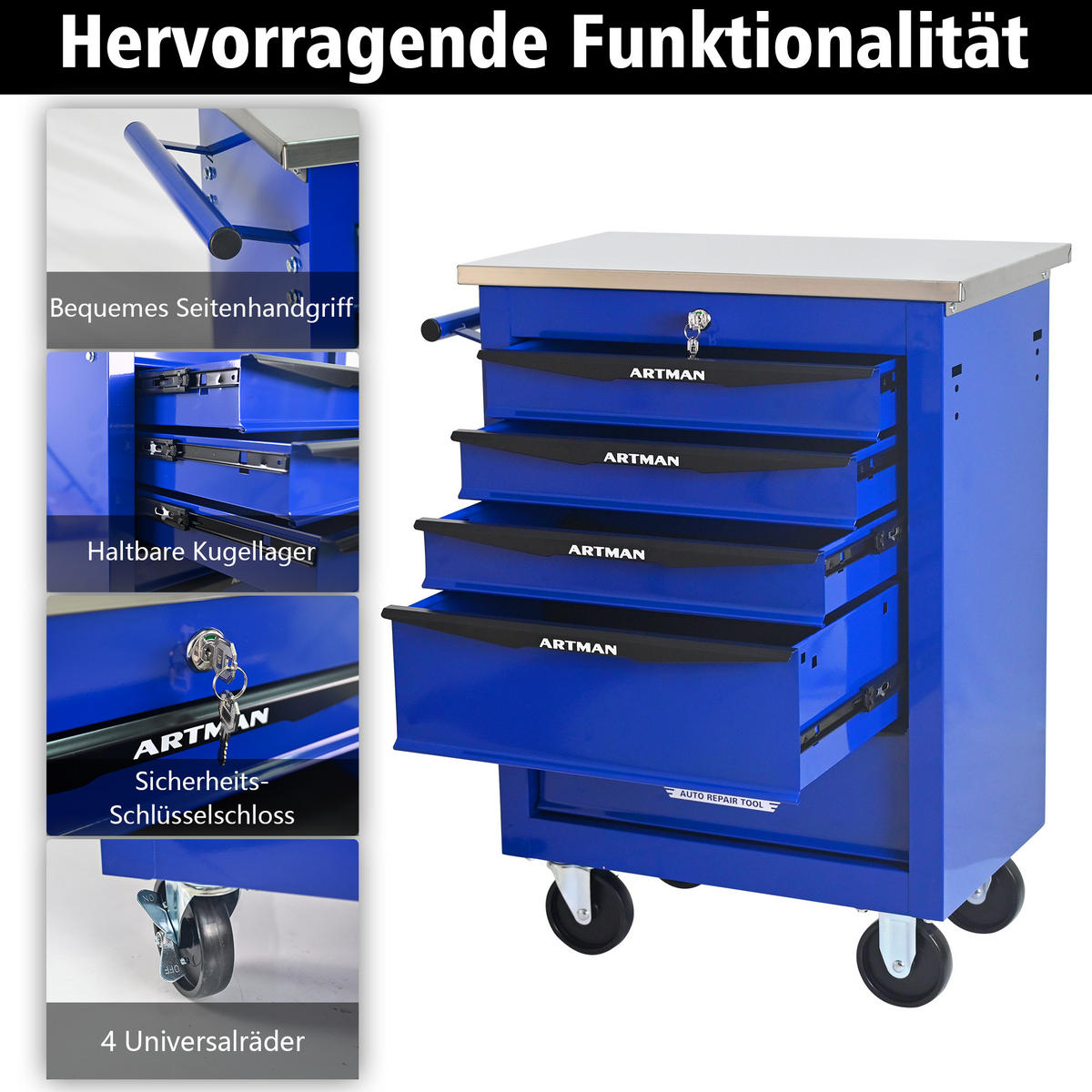 WERKZEUGWAGEN Metall mit Rollen – 5 Schubladen, Edelstahlablage, Werkstattwagen für Garage & Werkstatt, Schwarz/Blau - Blau, Metall (34.5/78/62.5cm) - Ej. Life