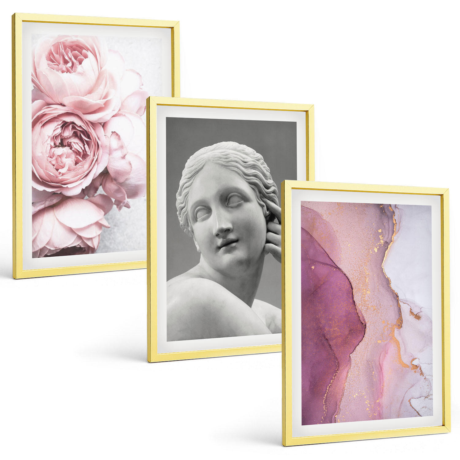 BILDER SET 3er Set - 40x60 cm Goldrahmen - Pfingstrosen abstrakte Frauenskulptur - Goldfarben, Kunststoff (40/60cm) - TULUP