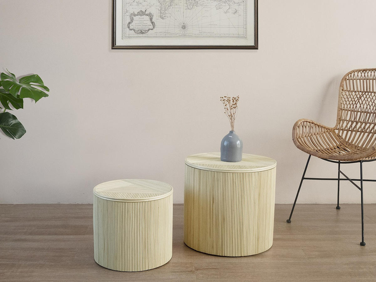 BEISTELLTISCHE rund 2er-Set mit Stauraum - Rattan - 50 x 46 cm & 39,5 x 36 cm - Holzfarben hell - GABES - Naturfarben, Holzwerkstoff (50/50/46cm) - Vente-Unique