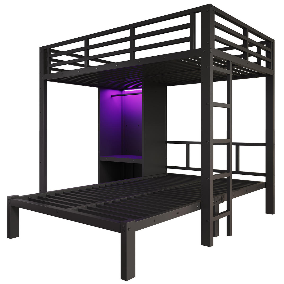 ETAGENBETT 120/200 cm mit Kleiderschrank und LED, DE-41766, in Schwarz - Schwarz, Metall (120/200cm) - ComfortXL