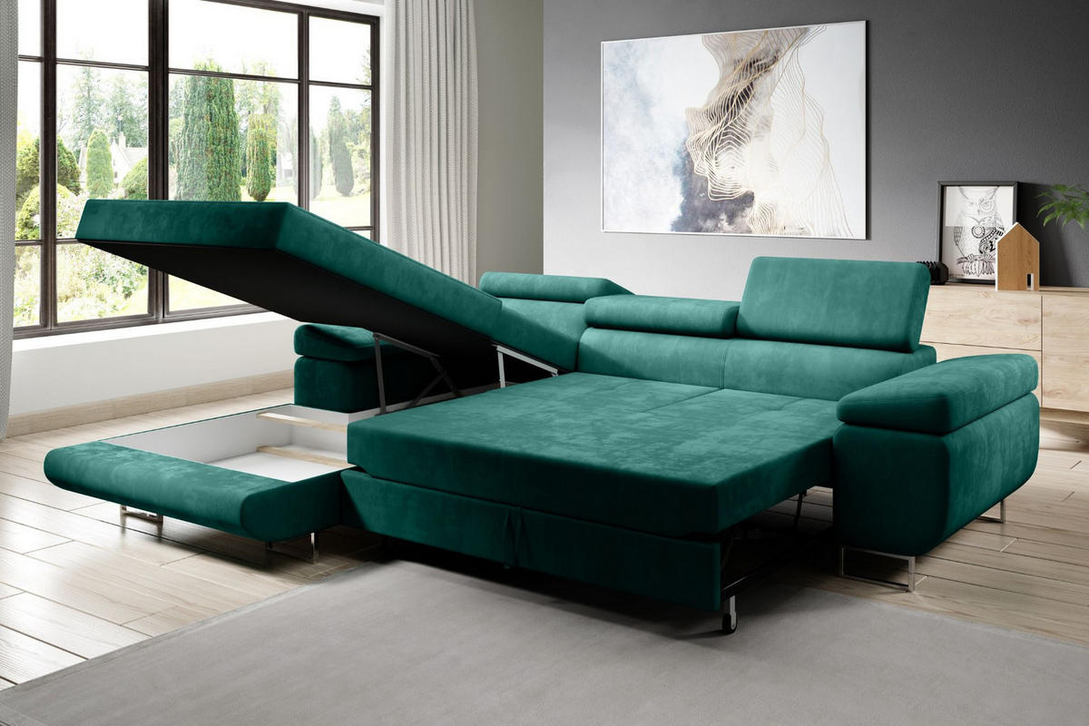 ECKSOFA ALONZO L Links mit Schlaffunktion 125x195 Velours Grün - Silberfarben/Grün, Holz/Textil (275/203cm) - Muffo