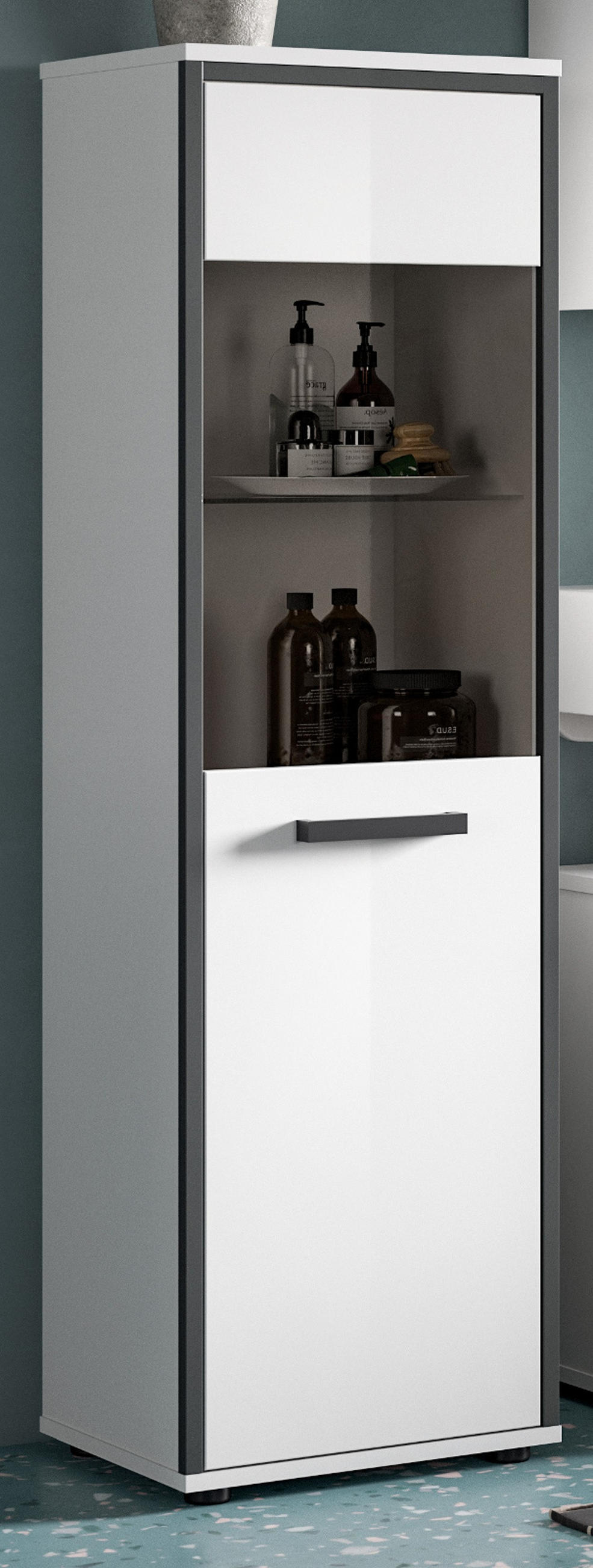 MIDISCHRANK weiß Hochglanz, grau 40 x 139 cm, Badkommode mit wechselbaren Türanschlag - Weiß Hochglanz/Schwarz, Glas/Holzwerkstoff (40/139/34cm) - Inn.Furn