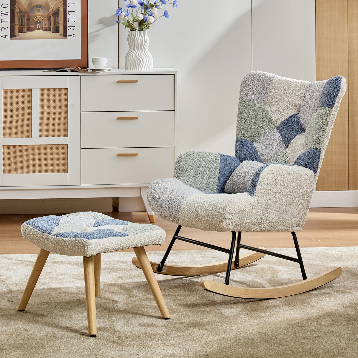 SCHAUKELESESSEL mit Hocker Stoff Patchwork gepolstert 110kg - Multicolor, Textil (122/91/68cm) - FLIEKS