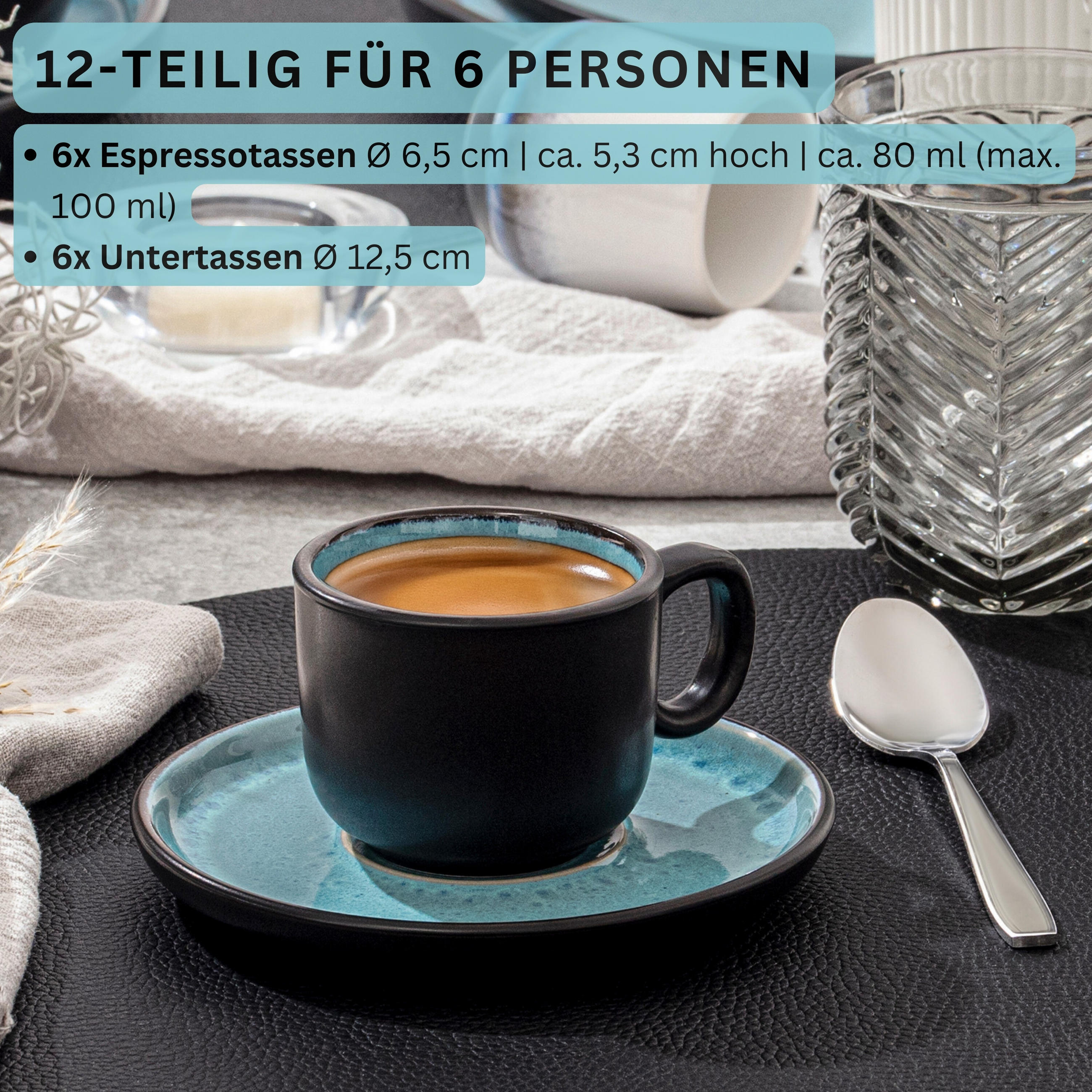 ESPRESSOTASSEN SET GRANADA - 12 teilig aus Steingut - Blau, Stein (0.08L) - Sänger