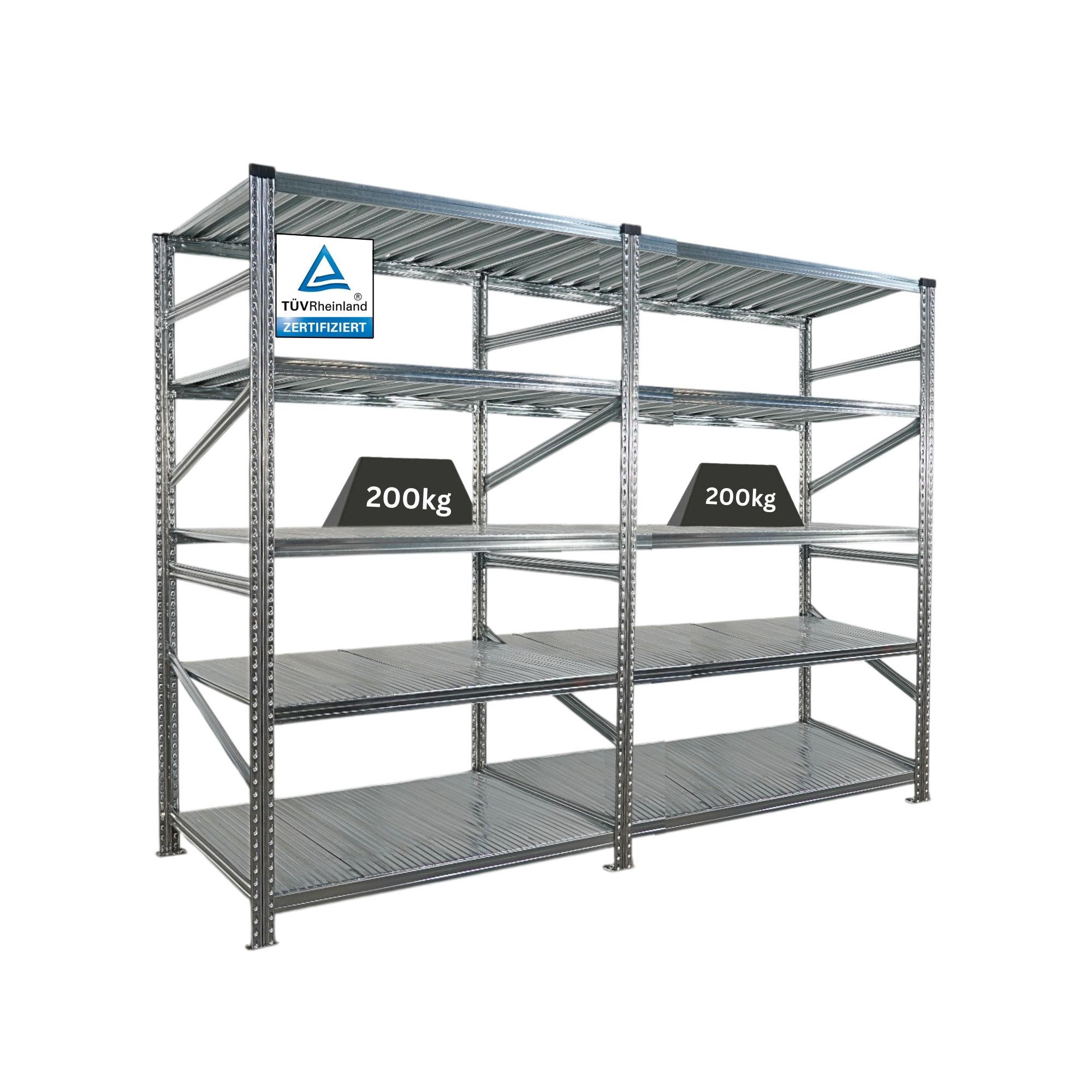 FACHBODENREGAL Proximo Stecksystem 200x240x80cm 5 Ebenen Fachlast 200 kg Beidseitig nutzbar Verzinkt - Silberfarben, Metall (240/200/80cm) - PROREGAL