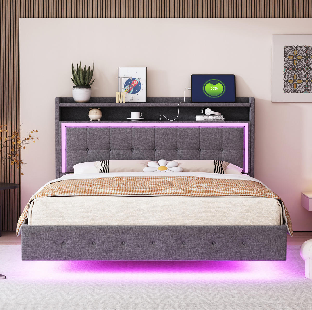 POLSTERBETT 140/200 cm Grau mit USB-Steckdose und LED-Beleuchtung - Grau, Textil (140/200cm) - OKWISH