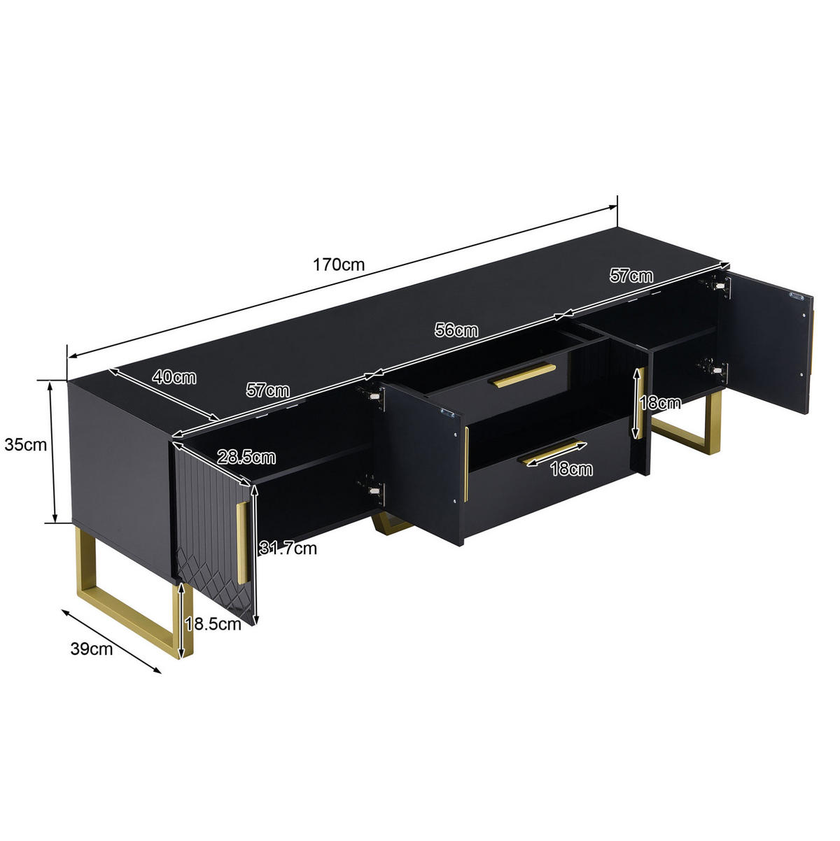 TV-SCHRANK mit 4 Türen 170 cm Hochglanz MDF Schwarz - Schwarz, Holzwerkstoff (40/53.5/170cm) - Beauniv