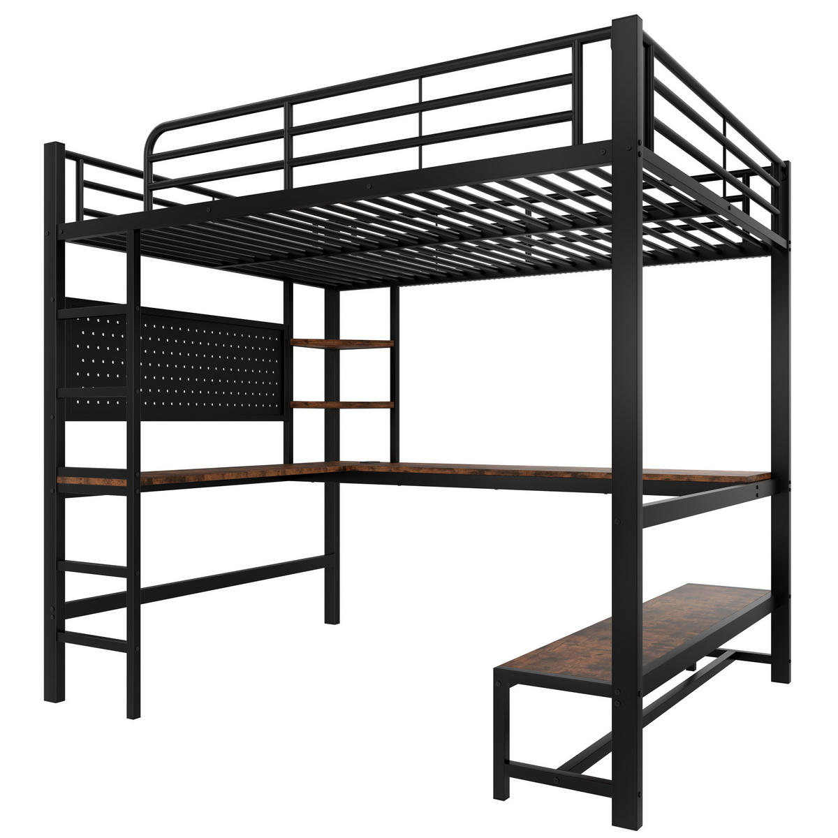 HOCHBETT 140/200 cm, Schwarz mit Schreibtisch, LED und USB-C - Schwarz, Metall (140/200cm) - MIVRAY