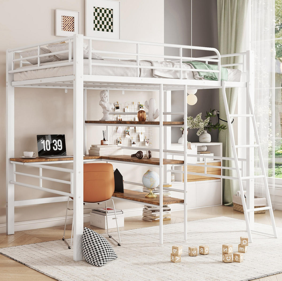 HOCHBETT 90/200 cm Weiß aus Metall mit Schreibtisch - Weiß, Metall (90/200cm) - OKMYHOME