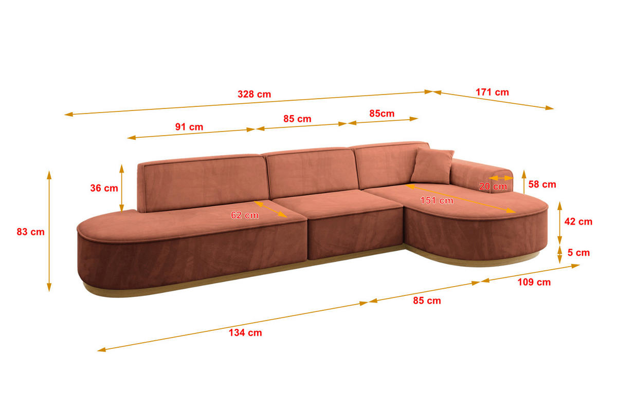 ECKSOFA Ottomane Rechts MARI-L2-v2 - 328x171x83 cm Koralle Velours - Koralle, Holzwerkstoff/Textil (171/328cm) - ALTDECOR
