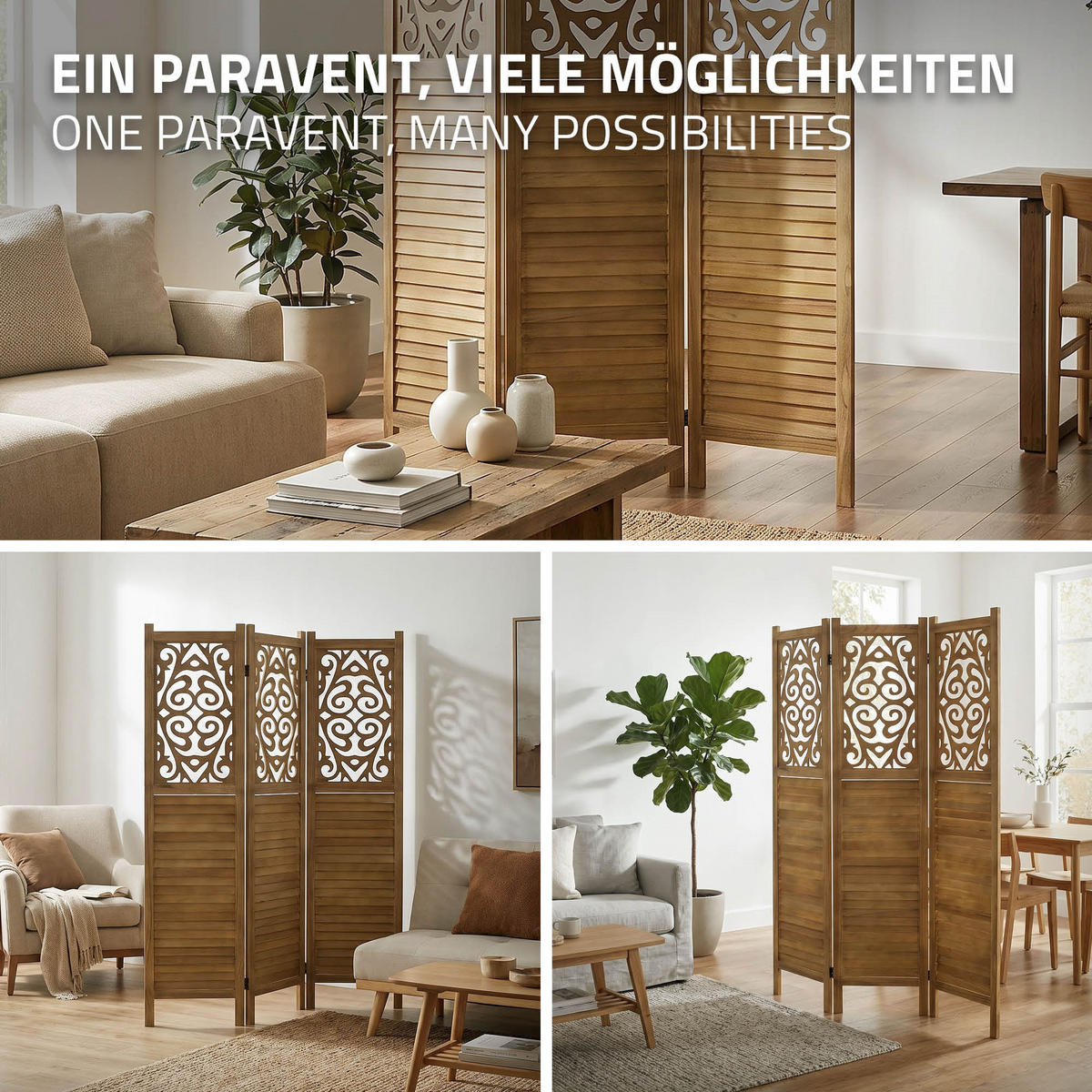 PARAVENT 3dílný Tokio 170x121 cm z přírodního dřeva - hnědá, dřevo (121/170/2cm) - ML-DESIGN