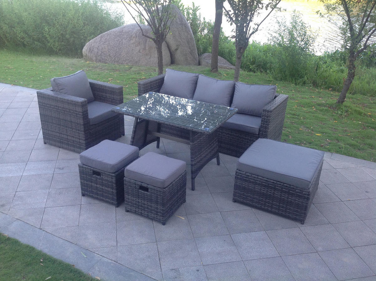 GARTENMÖBEL SET Polyrattan 7-Sitzer - Dunkelgrau/Grau, Glas/Kunststoff - Fimous