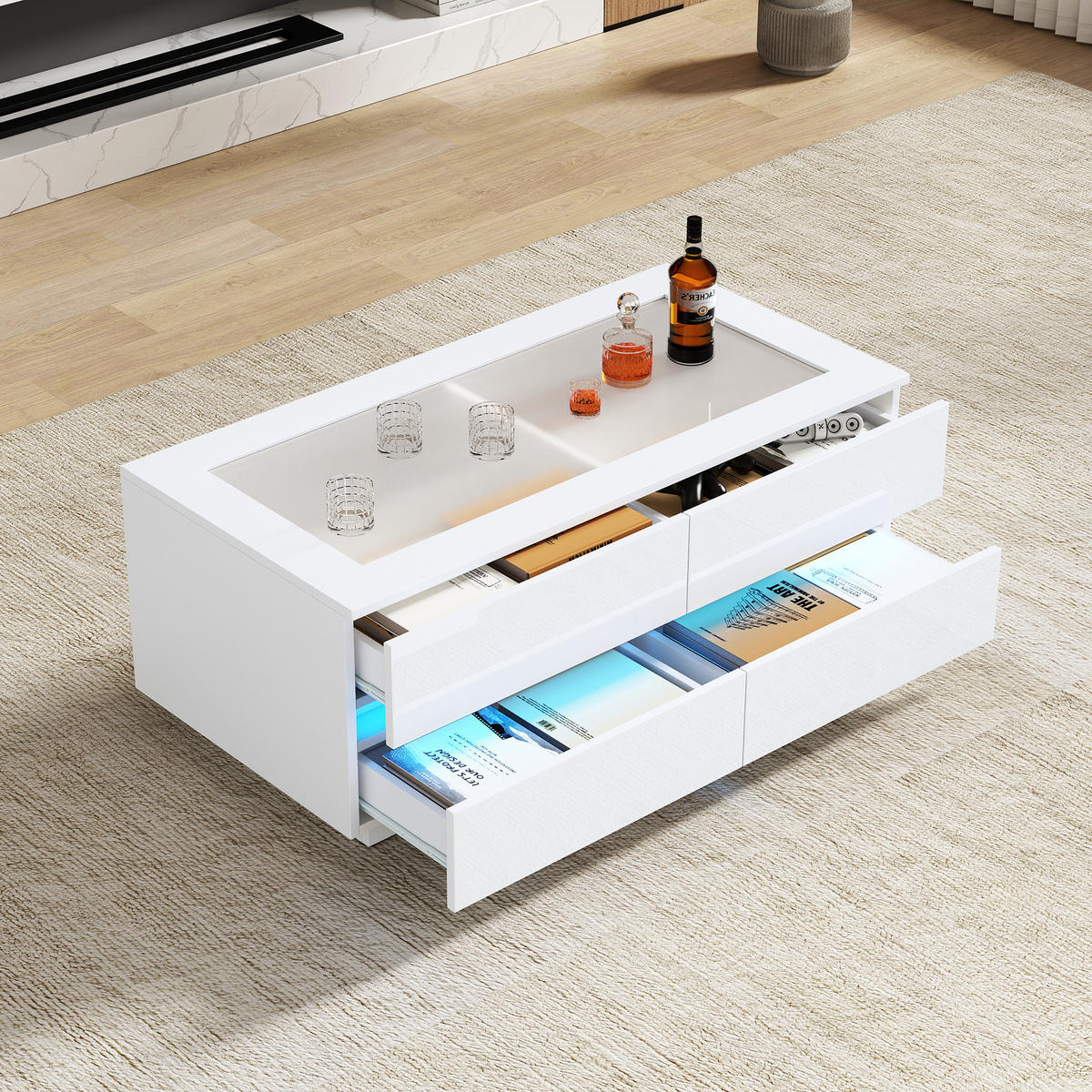 COUCHTISCH in Weiß mit 4 Schubladen und LED-Beleuchtung für Wohnzimmer, B100/T50/H30 cm - Weiß, Glas/Holzwerkstoff (50/100/40cm) - STILVORA
