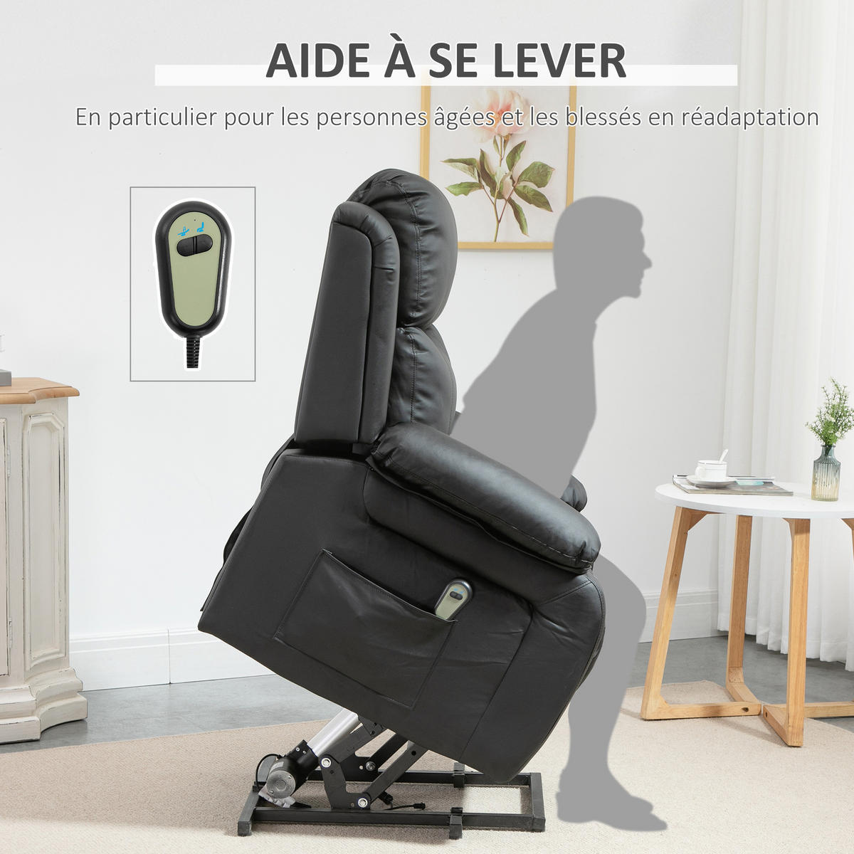 RELAXSESSEL DE-15442 elektrisch verstellbar mit Aufstehhilfe Schwarz - Schwarz, Leder (76/105/90cm) - ComfortXL