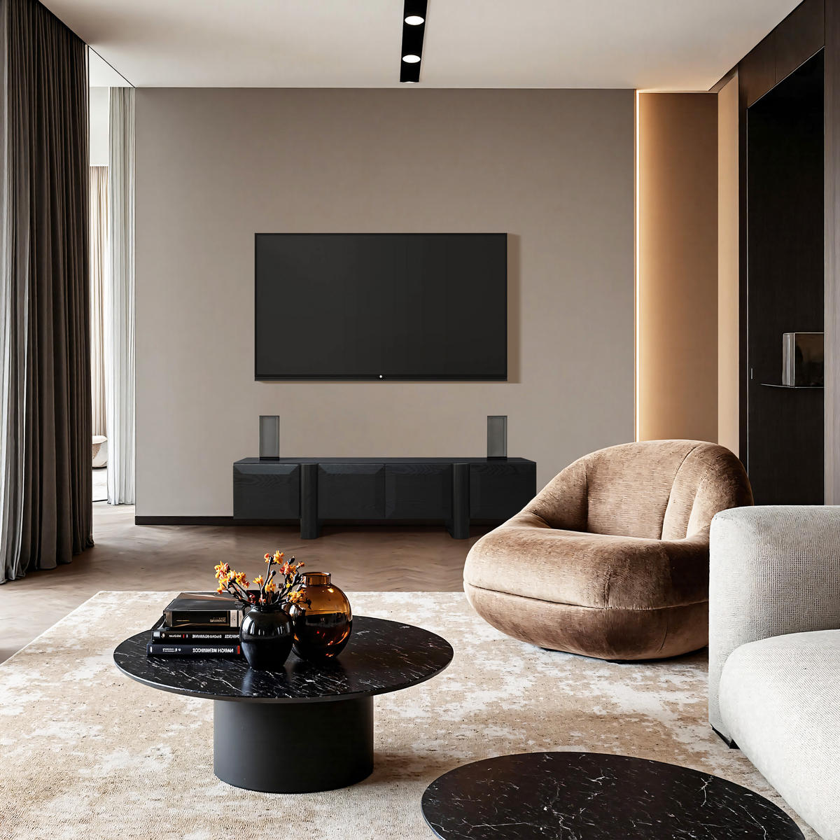 TV-SCHRANK Modern, Schwarz - Breites Lowboard mit 4 Einzel-Schubladen & doppeltem Staufach, MDF TV Board | 160x40x40 cm - Schwarz, Holz (160/40/40cm) - Hometopia