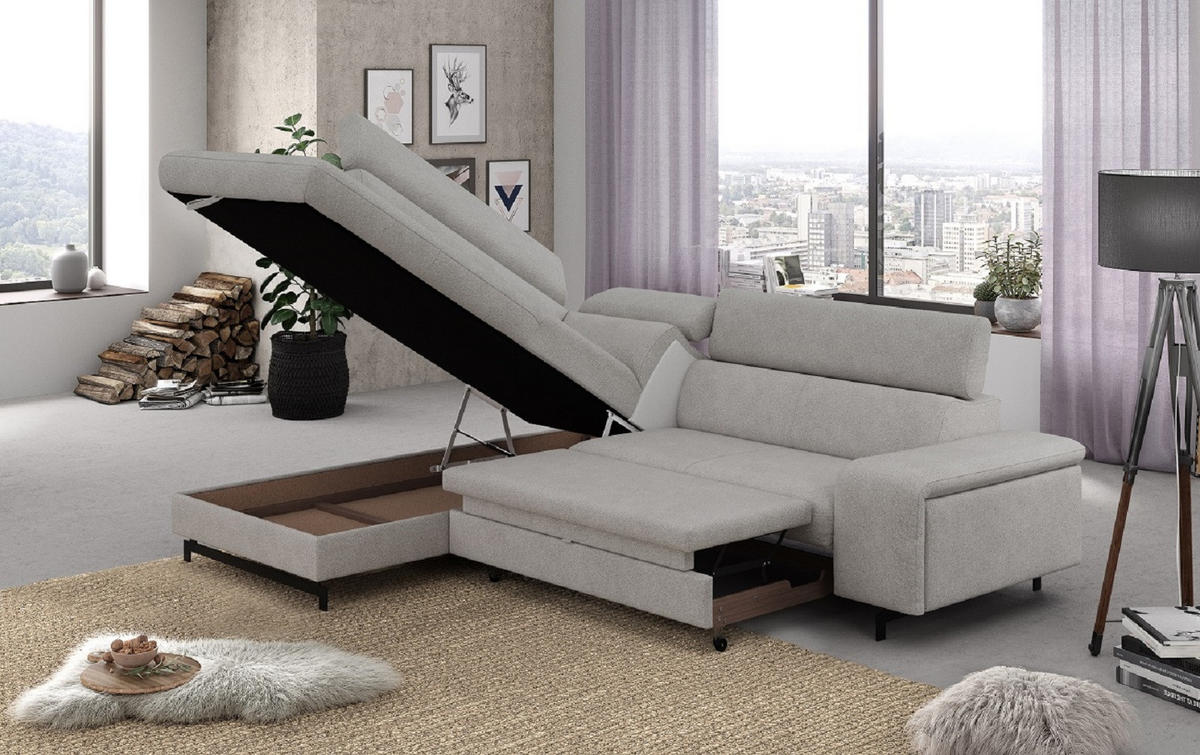 ECKSOFA mit Schlaffunktion und Bettkasten - Hellgrau/Schwarz, Kunststoff/Textil (262/215cm) - Cotta