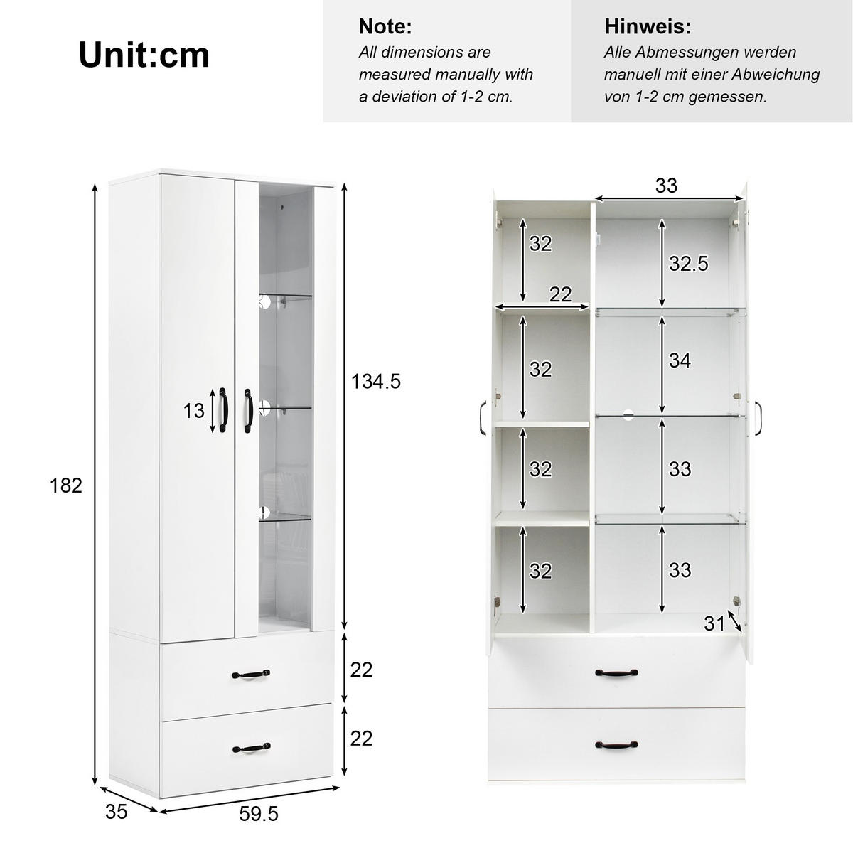 VITRINE LED-Schrank mit 2 Türen,Buffetschrank,Weiß - Weiß, Holz (59.5/182/35cm) - LVHOM