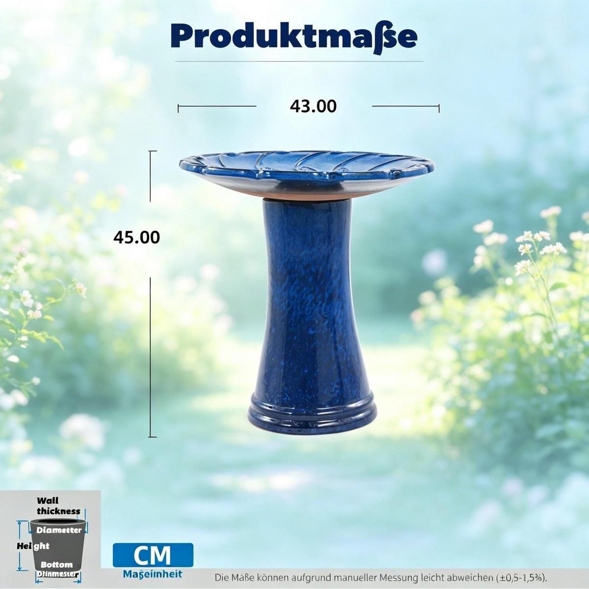 VOGELBAD mit Standfuß, Keramik Ø43/45H cm, Wetterfest, Blau - Blau, Keramik (43/45/43cm) - LVHOM