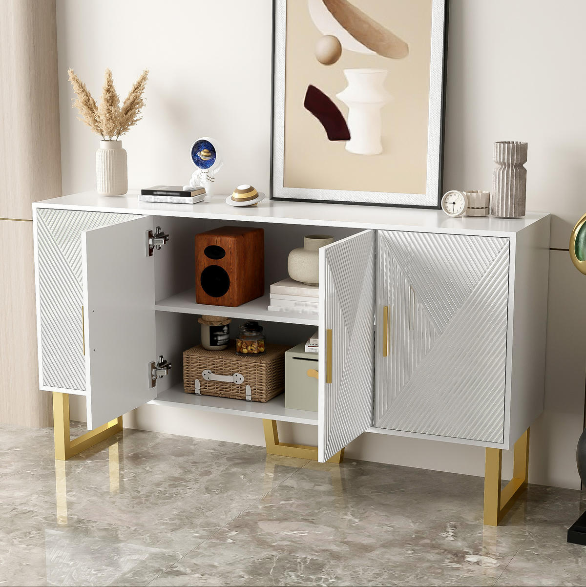 SIDEBOARD 150/40/82 cm in Weiß Hochglanz mit 4 Türen & verstellbaren Einlegeböden - Weiß, Holzwerkstoff (150/82/40cm) - BEAOK