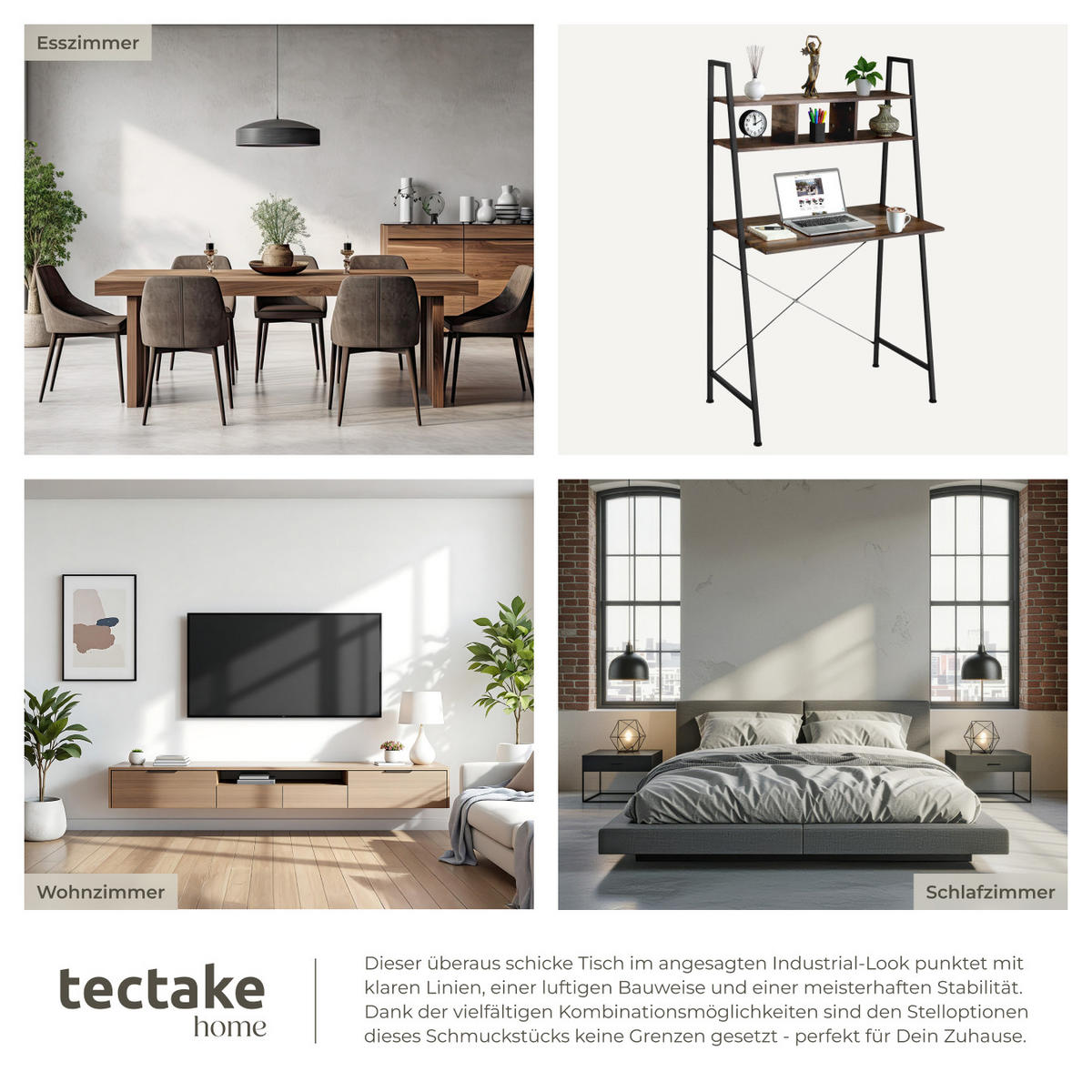 SCHREIBTISCH Exeter,85,5 x 46,5 x 140 cm,Industrial Holz dunkel, rustikal - Rostfarben, Holzwerkstoff (85.5/46.5/140cm) - tectake
