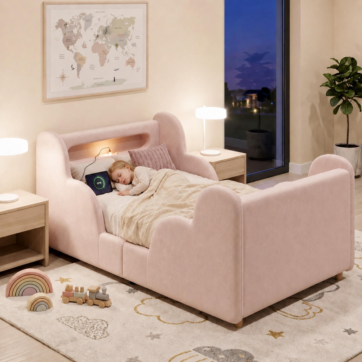 KINDERBETT Rosa Samt 90x200 Schutzgeländer Massivholz - Pink, Textil (90/200cm) - FLIEKS