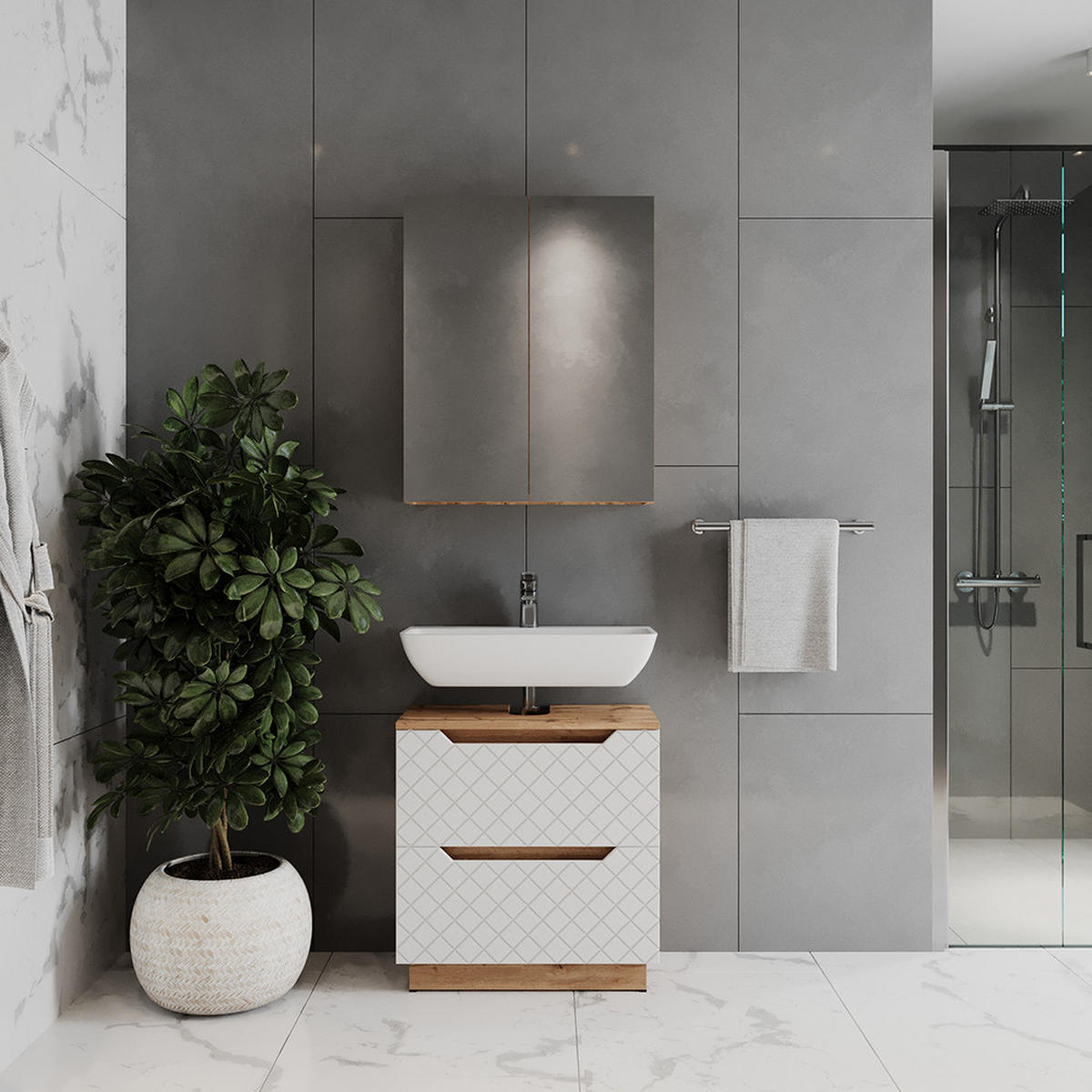 BADMÖBEL-SET Lotta Eiche/Weiß mit Kachelstruktur 2 Teile - Weiß, Holzwerkstoff (59.8/62.5/32cm) - Vicco