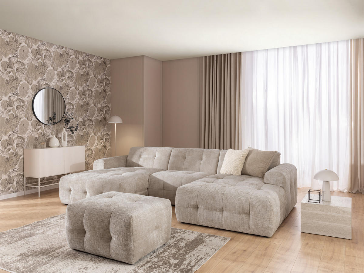 WOHNLANDSCHAFT inkl. Hocker Kozy im Bumpy-Design mit Schlaffunktion und fester Rückenlehne aus weichem Dunkelbeige Chenille-Stoff - Beige/Schwarz, Holz/Kunststoff (323/79/161cm) - S-Style Möbel