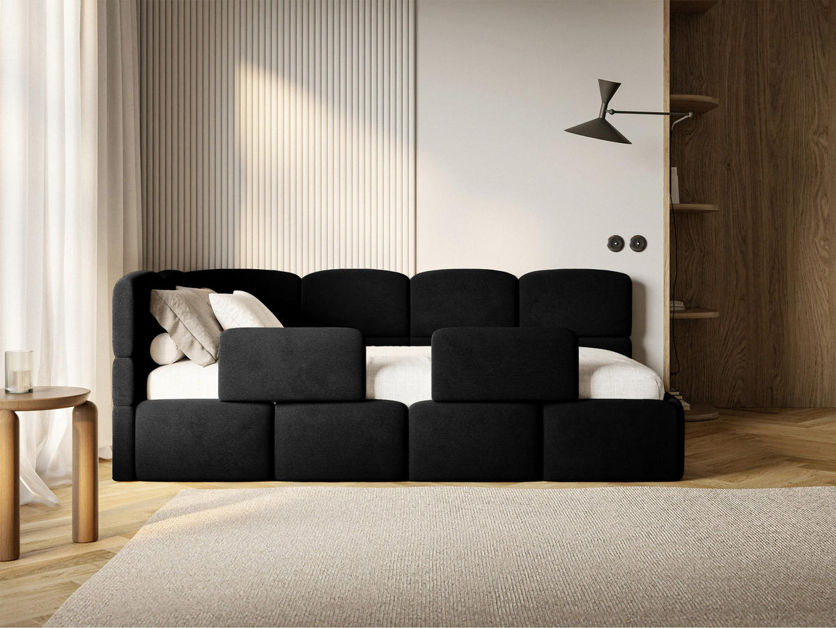 DETSKÁ POSTEĽ Cloudy čierna 90x200 cm, s matracom a zábranou, záhlavie vľavo, zamat - čierna, textil/plast (90/200cm) - Selsey