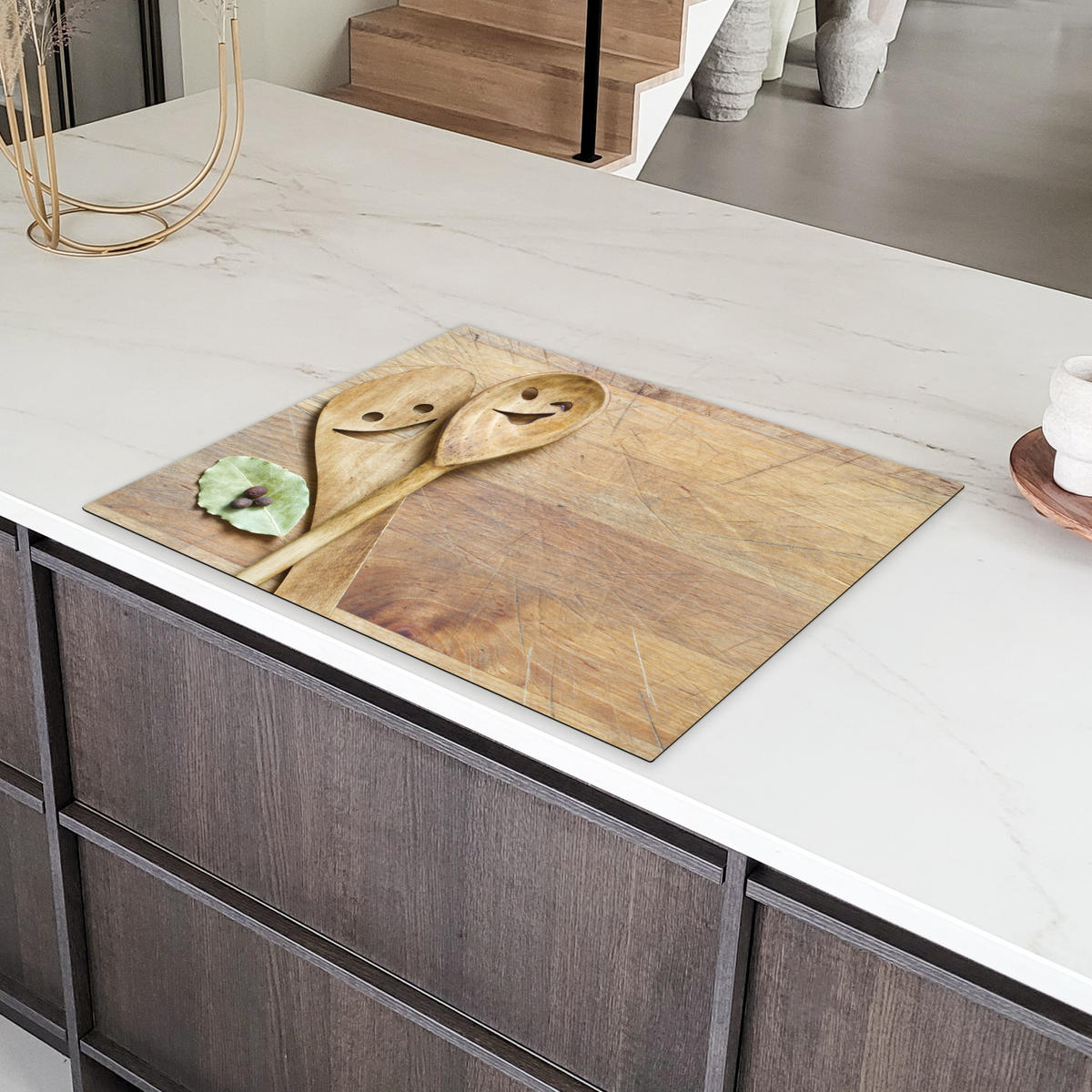 HERDABDECKPLATTE Holz - Löffel - Braun - Smiley 77x59 cm - Hellbraun, Kunststoff (77/59/0.2cm) - MuchoWow