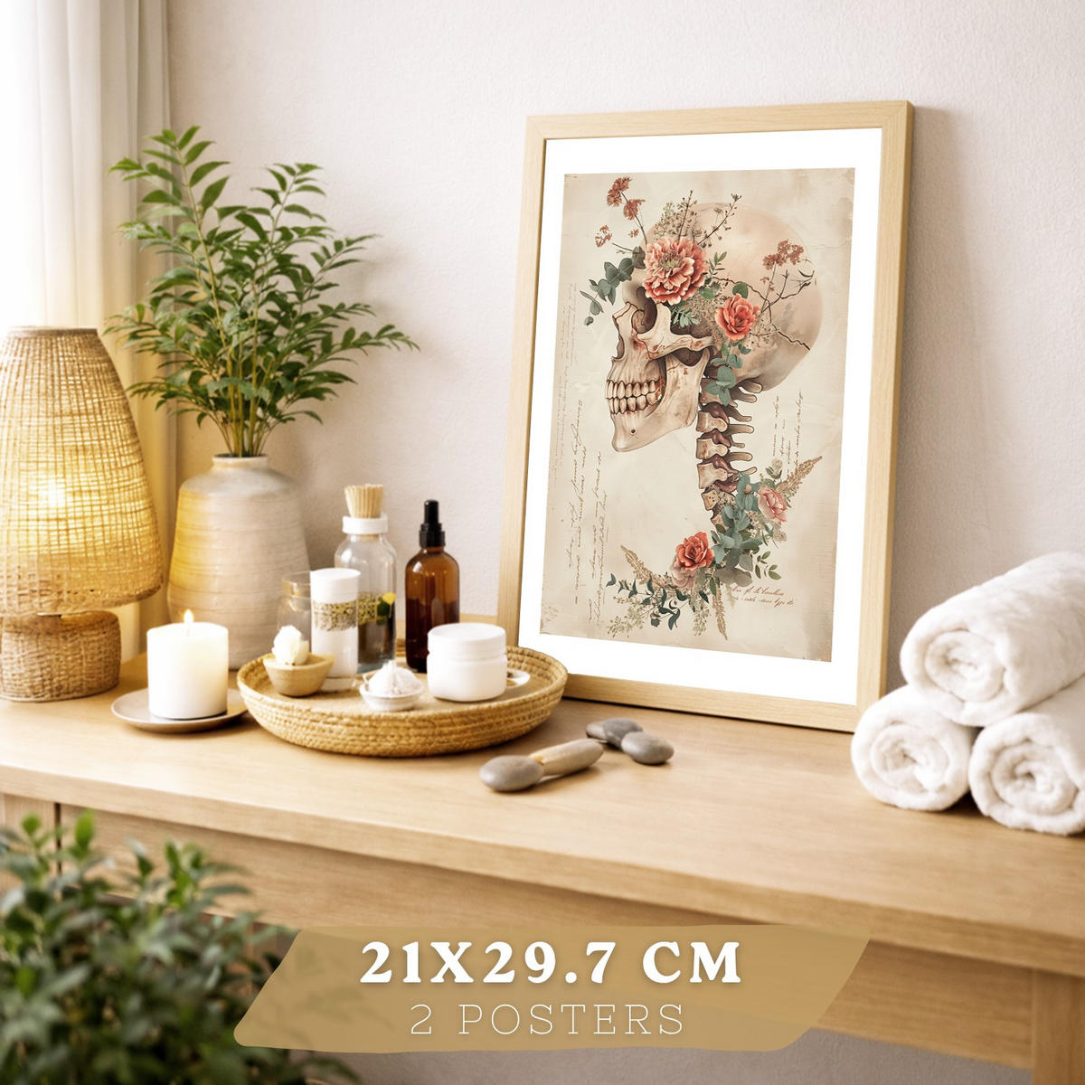 POSTER Set aus 2 Anatomie Mensch Drucke und Wandbilder mit Skelett Schädel Wirbelsäule Rippen Becken Klassischer Stil Größe Leichter Holzrahmen A4 - Beige, Papier (21/29.7/3cm) - Nacnic