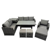 GARTENTISCHGRUPPE mit Liegestuhl,Hocker,Beistelltisch Polyrattan 9-Sitzer - Dunkelgrau/Grau, Glas/Kunststoff - Fimous