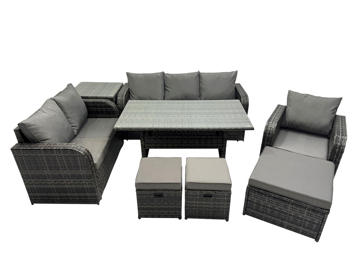 GARTENTISCHGRUPPE mit Liegestuhl,Hocker,Beistelltisch Polyrattan 9-Sitzer - Dunkelgrau/Grau, Glas/Kunststoff - Fimous