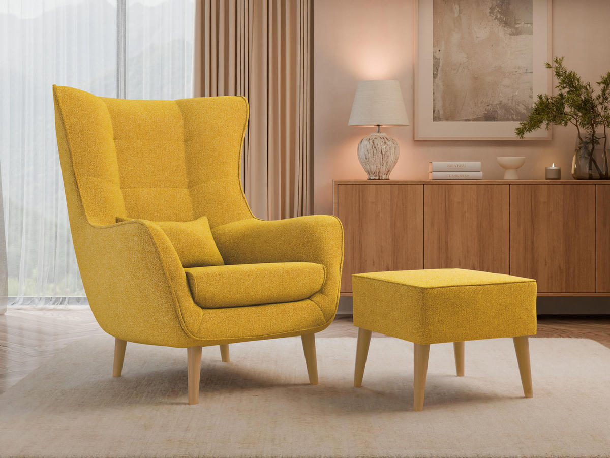 SESSEL Estjano mit Fußbank - Beige/Gelb, Holz/Textil (80/106/95cm) - MIRJAN24