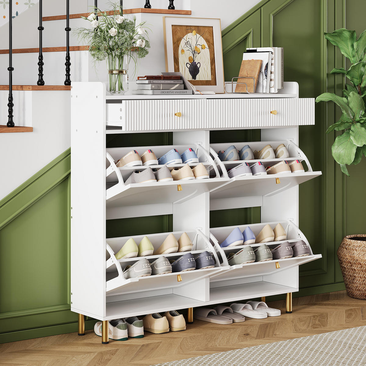 SCHUHSCHRANK schmal 4 Türen Weiß 106.5x25x105.5cm - Weiß, Holzwerkstoff (25/105.5/106.5cm) - FLIEKS