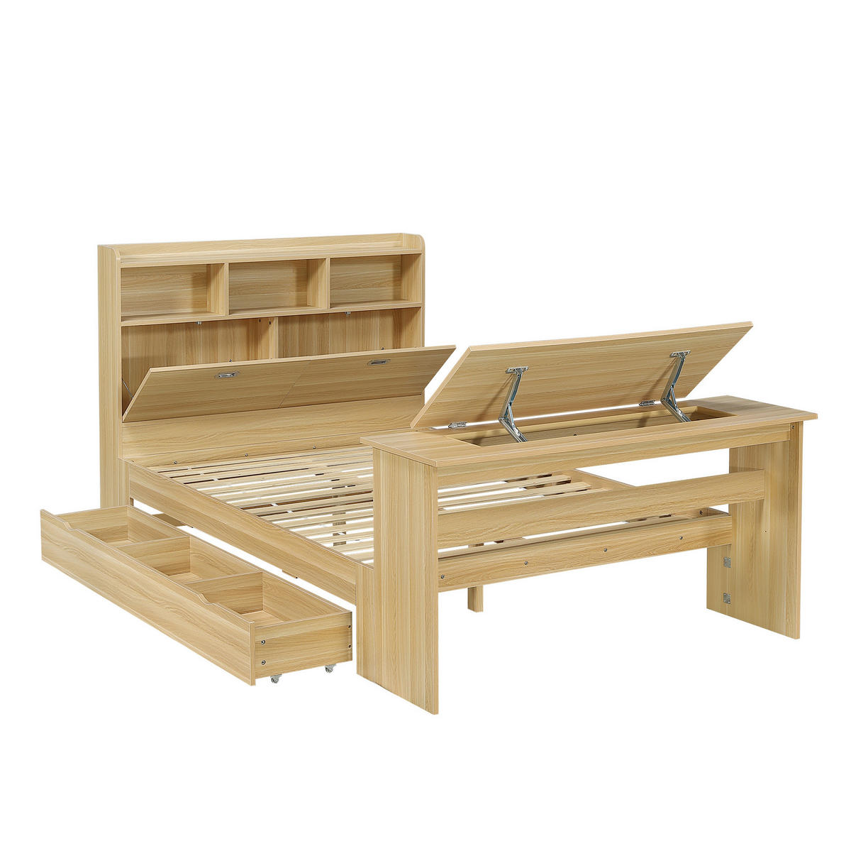 JUGENDBETT 140x200 cm in Natur mit Stauraum, Klapptisch und Kopfteilregal - Naturfarben, Holz (140/200cm) - IVMEU