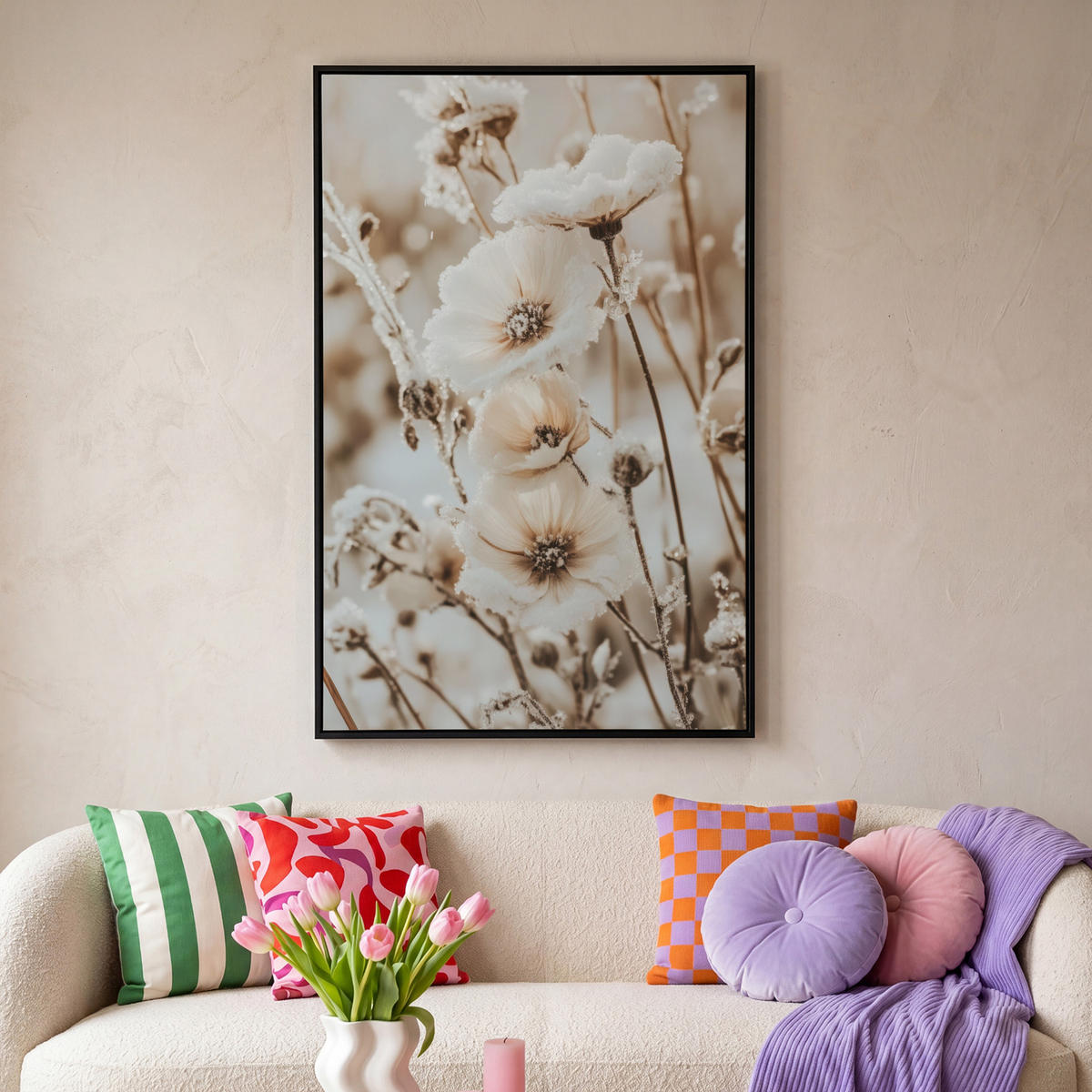LEINWAND Bilder mit Rahmen - Blumen - Winter - Weiß - Schnee - Beige - 90x140 - Creme, Textil (90/140cm) - MuchoWow