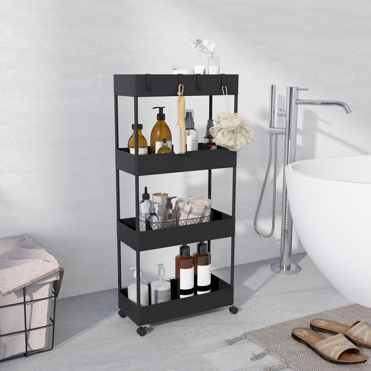 ROLLWAGEN mit 4 Ebenen, Kunststoff, Schwarz, 40 x 19 x 90 cm - Schwarz, Metall (40/90/19cm) - HOMCOM