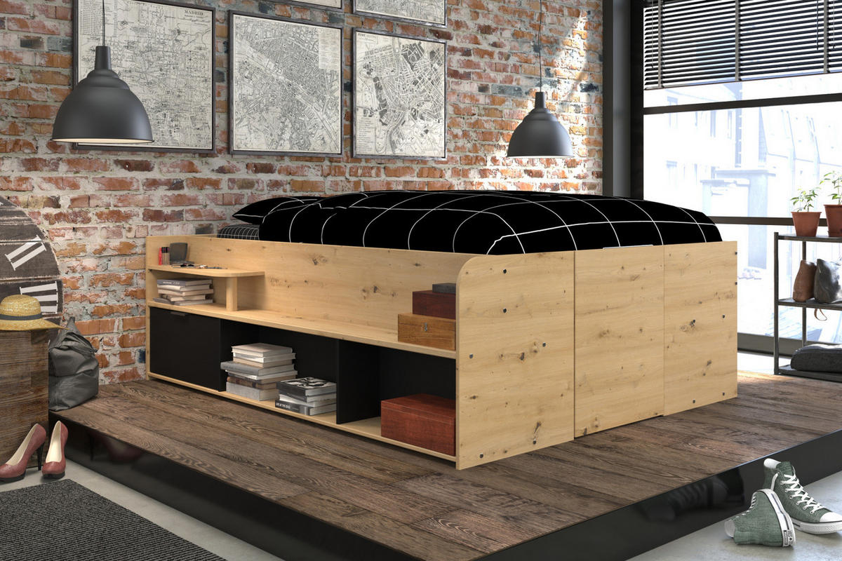 STAURAUMBETT Jugendzimmer Bett 140x200 hydraulischer Bettkasten - Schwarz/Naturfarben, Holz/Holzwerkstoff (140/200cm) - Parisot Meuble