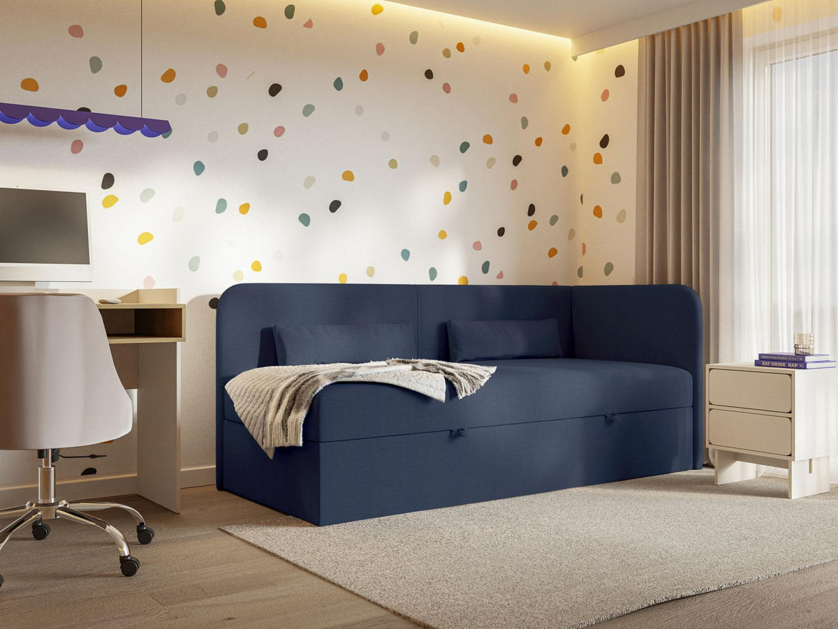 JUGENDBETT Calmmo Dunkelblau mit Chenille-Bezug, Kopfteil rechts - Dunkelblau, Textil (90/200cm) - Selsey