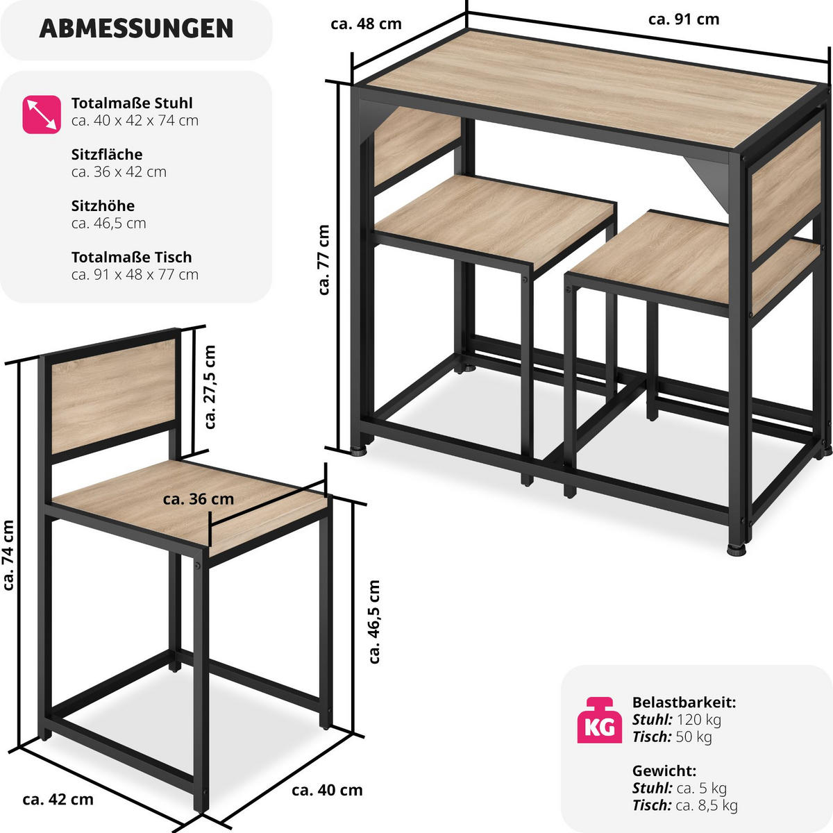 SITZGRUPPE Milton,mit höhenverstellbaren Kunststofffüßen,Industrial Holz hell, Eiche Sonoma - Naturfarben, Holzwerkstoff (48/77/91cm) - tectake
