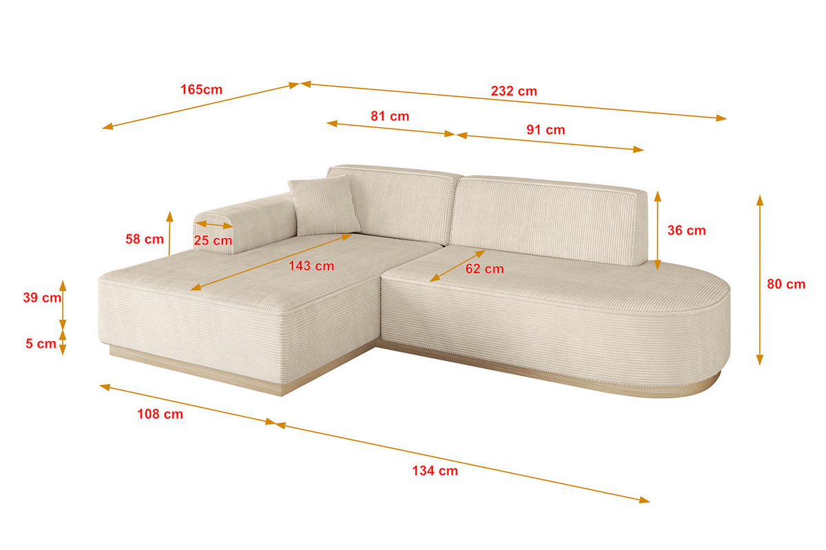 ECKSOFA Ottomane Links IREA-L1 - 232x165x80 cm Beige - Beige, Holzwerkstoff/Textil (232/165cm) - ALTDECOR