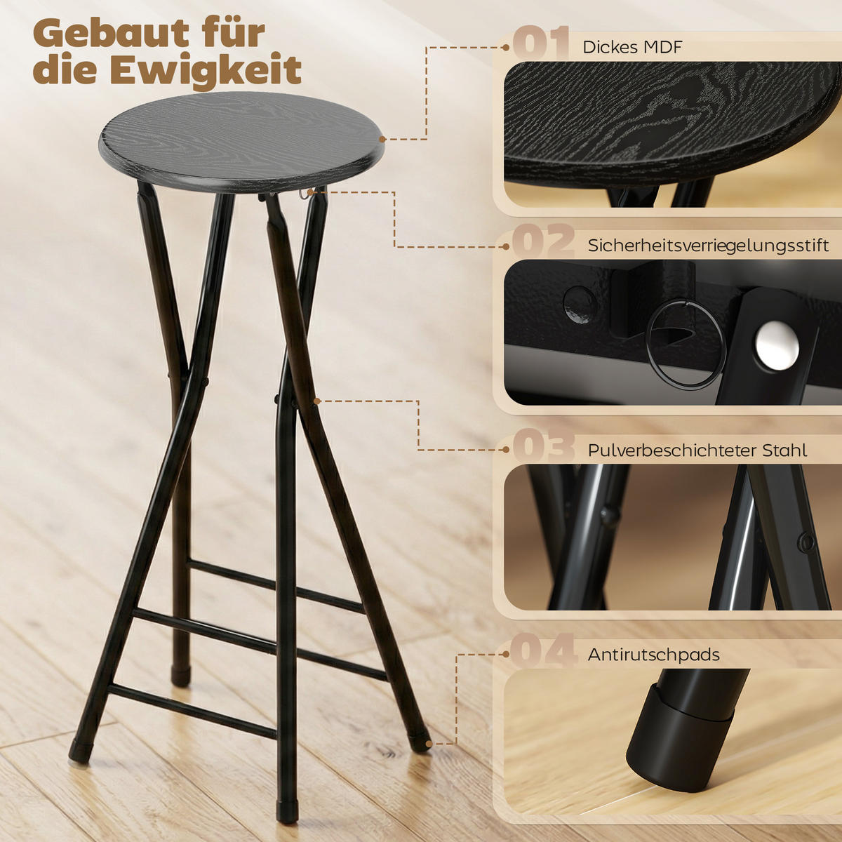 BARHOCKER 2er-Set DE-08041 klappbar mit doppelter Fußstütze Schwarz - Schwarz, Metall (30/70/34cm) - ComfortXL
