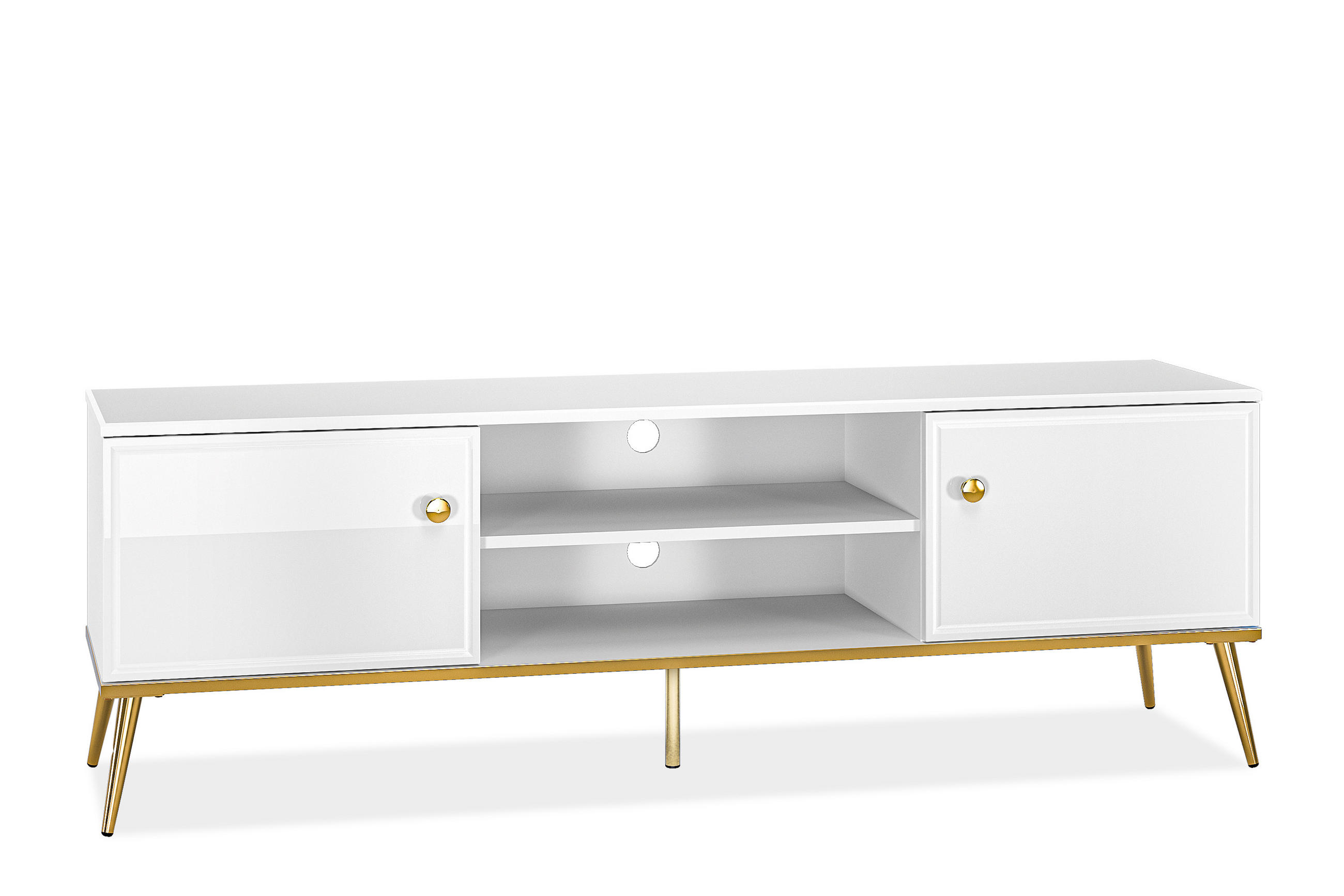 TV-LOWBOARD ISORIA auf hohen goldenen Beinen, Glas Weiß - Goldfarben/Weiß, Holz/Metall (160/53/40cm) - KONSIMO®