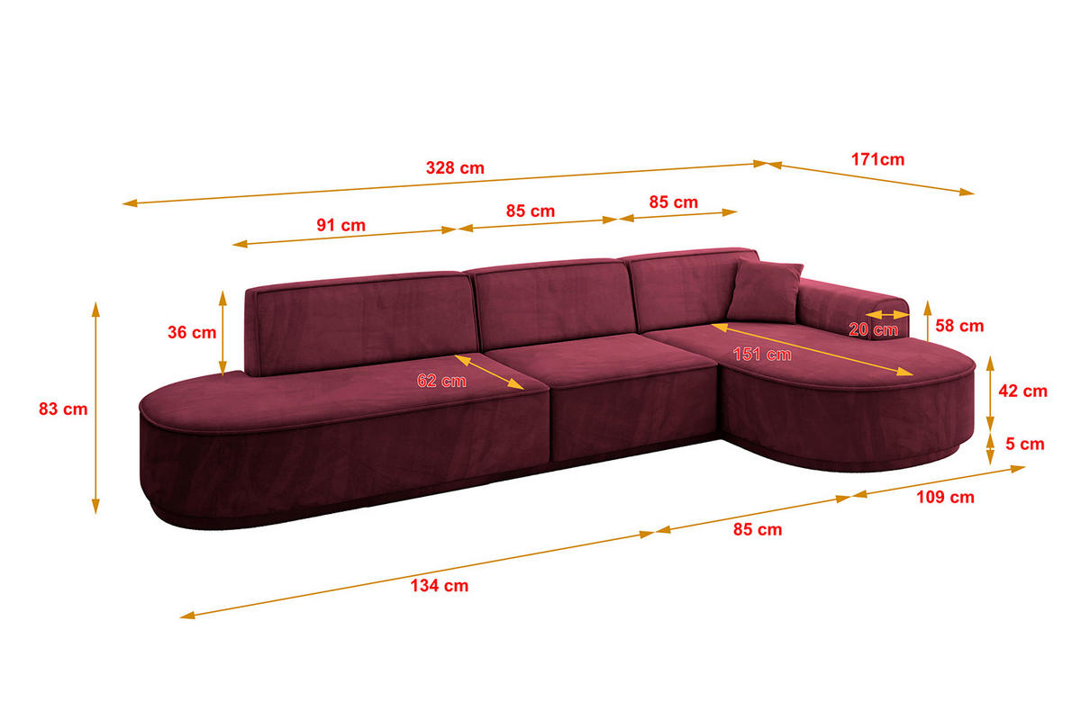 ECKSOFA Ottomane Rechts MARI-L2-v3 - 328x171x83 cm Bordeaux Velours - Bordeaux/Schwarz, Holzwerkstoff/Kunststoff (171/328cm) - ALTDECOR