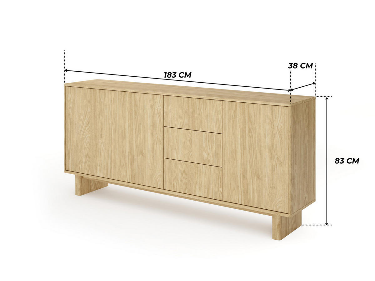 SIDEBOARD VIRONE (Geölte Eiche, 3 Türen, 3 Schubladen, Vollauszug, Push-to-Open) - Eichefarben, Holz/Holzwerkstoff (183/83/38cm) - Ravio