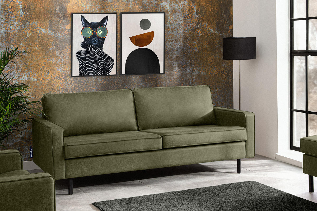 3-SITZER-SOFA INVIA Klassische-Stil mit Armlehnen, Lederoptik-Stoff, grün - Schwarz/Grün, Textil (209/87/98cm) - KONSIMO®