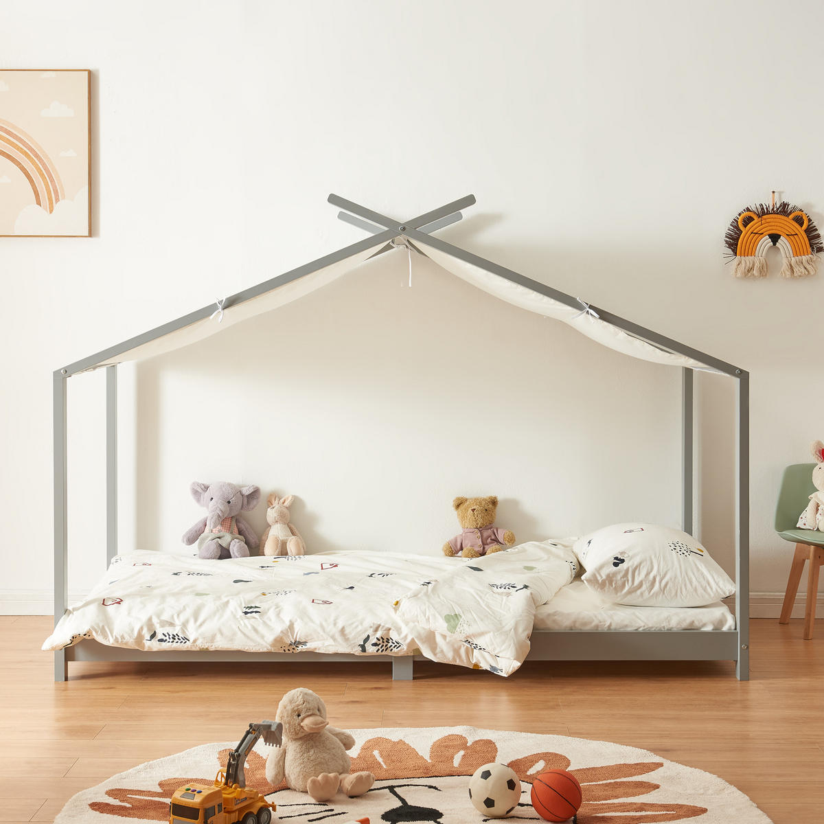 HAUSBETT Brome mit Matratze - Grau, Holz/Textil (90/200cm) - [en.casa]