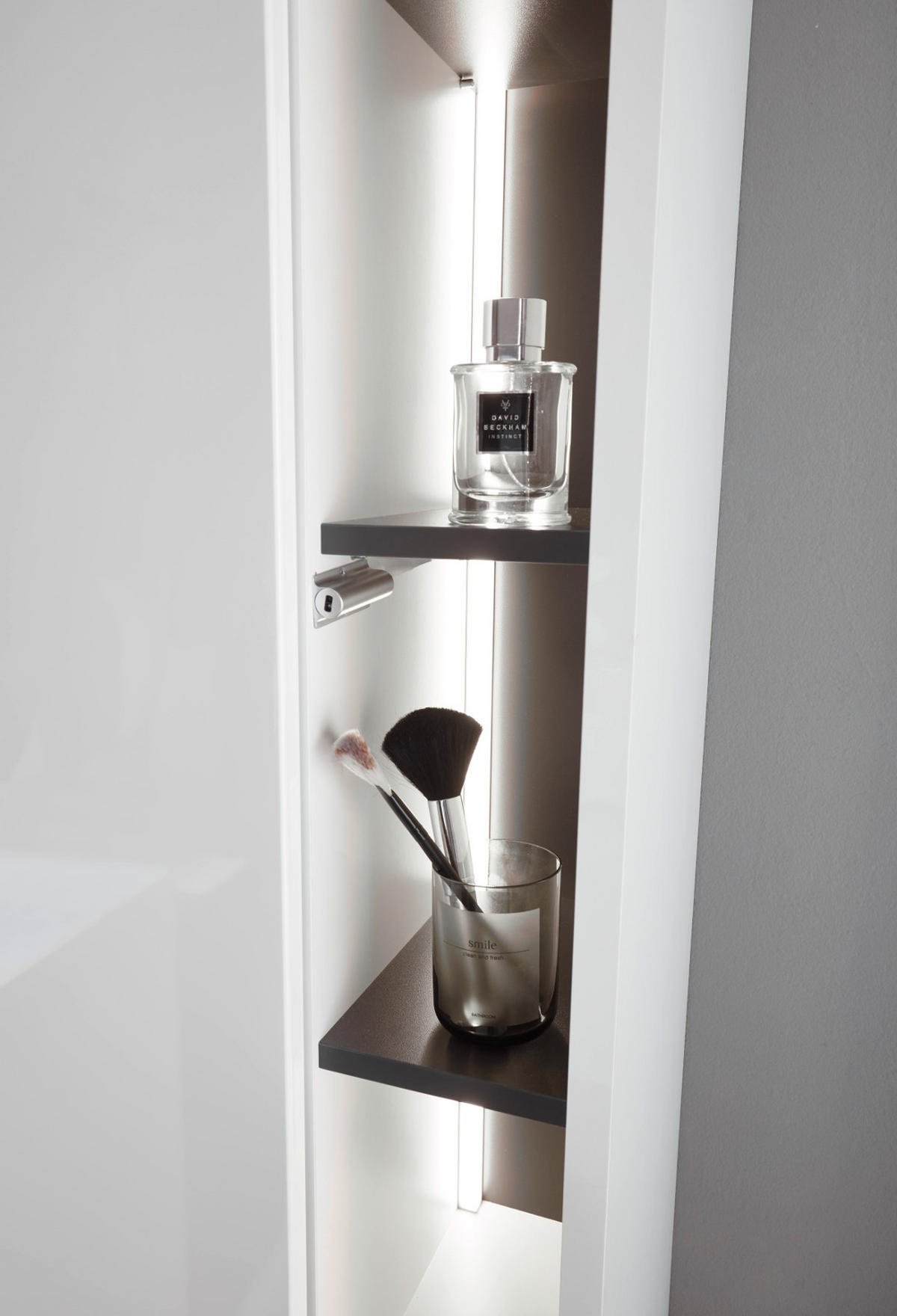 BADMÖBEL-SET weiß Hochglanz, grau, Badezimmerschränke mit Doppelwaschbecken und LED Beleuchtung - Weiß Hochglanz/Grau, Glas/Holzwerkstoff (175/190/47cm) - Furn.Design